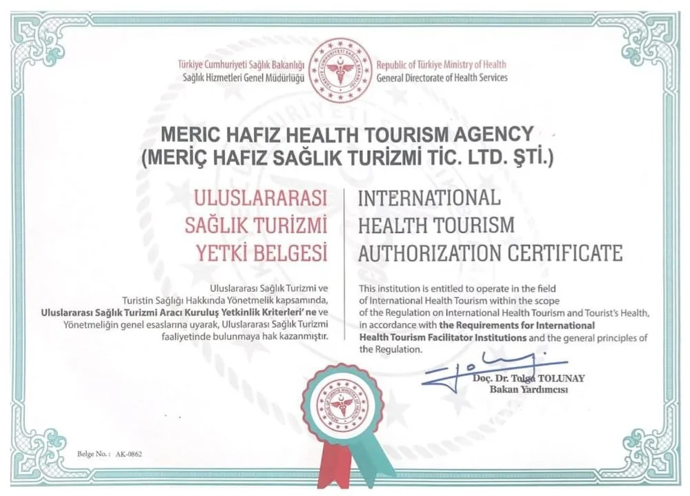 International Health Tourism Authorization Certificate issued to Meriç Hafız Sağlık Turizmi Tic. Ltd. Şti.